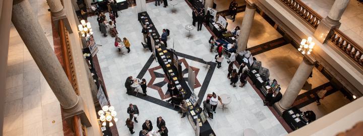 Overhead shot of the interior of the Indiana state senate.